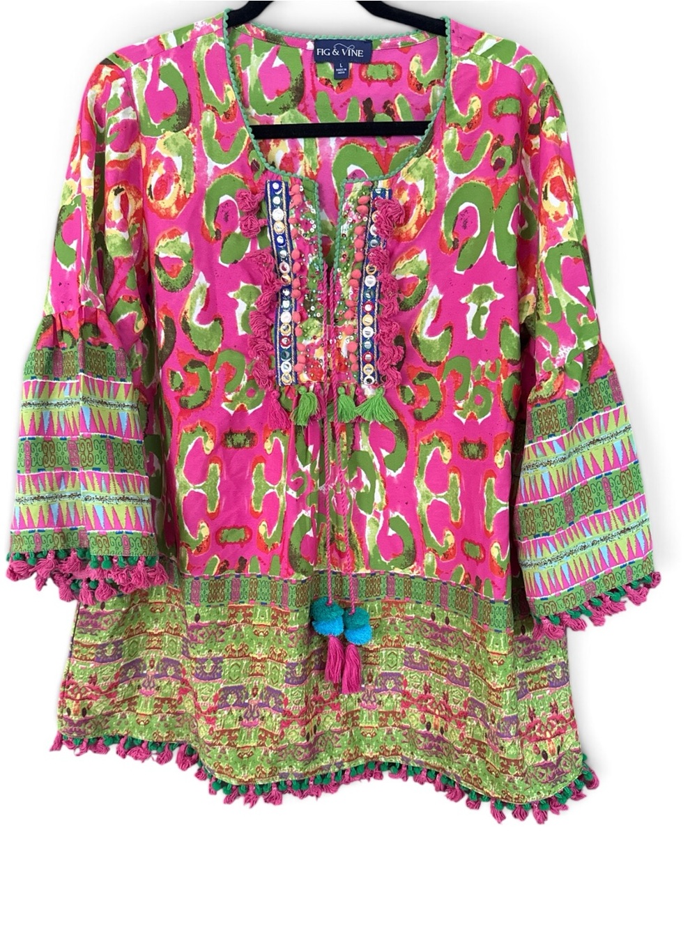 Fig & Vine Pink and Green Embroidered Tassel Tunic